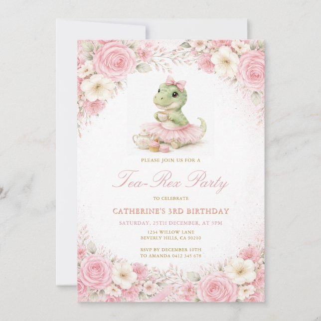 Rosa Tutu Dinosaurier Tea-Rex Party Mädchen Geburt Einladung (Vorderseite)