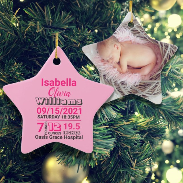Rosa Typografie Familienname Babygeburtsstatistike Keramik Ornament (pink typography family name baby girl birth stats ceramic ornament)