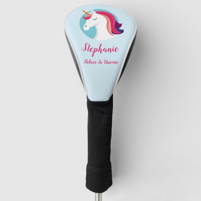 Rosa u. blauer magischer Unicorn - personalisiert Golf Headcover (Vorderseite)
