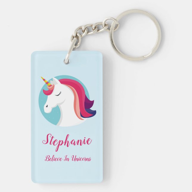 Rosa u. blauer magischer Unicorn - personalisiert Schlüsselanhänger (Rückseite)