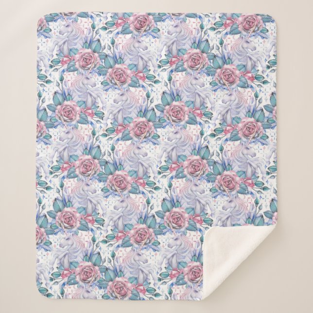 Rosa u. blaues Rosen-Muster Sherpadecke (Vorderseite)