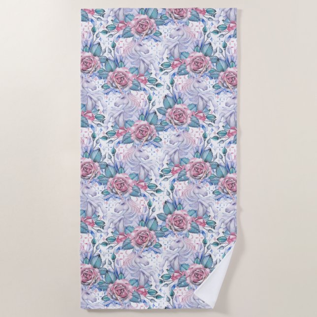Rosa u. blaues Rosen-Muster Strandtuch (Vorderseite)
