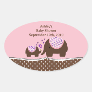Rosa-u. Brown-Elefant-Babyparty-Oval-Aufkleber Ovaler Aufkleber