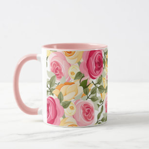 Rosa u. gelbes Rosen-Bauernhaus-Shabby Chic mit Tasse