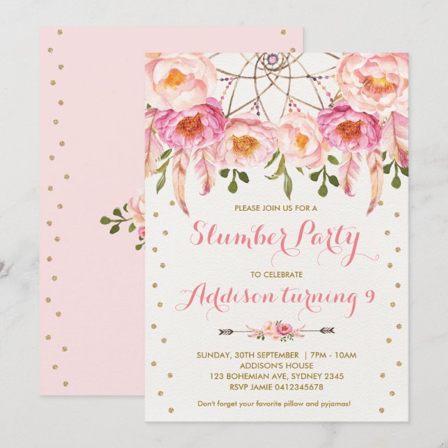 Rosa u. Goldschlummer-Party Boho Einladung (Vorne/Hinten)