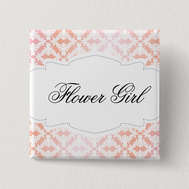 Rosa u. korallenrotes Damast-Blumen-Mädchen Button (Vorderseite)