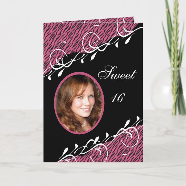 Rosa u. schwarzer Zebra-Bonbon 16 Einladung (Vorderseite)