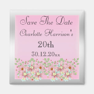 Rosa u. silbernes Save the Date mit Blumen20. Magnet