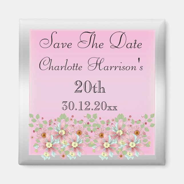 Rosa u. silbernes Save the Date mit Blumen20. Magnet (Vorne)