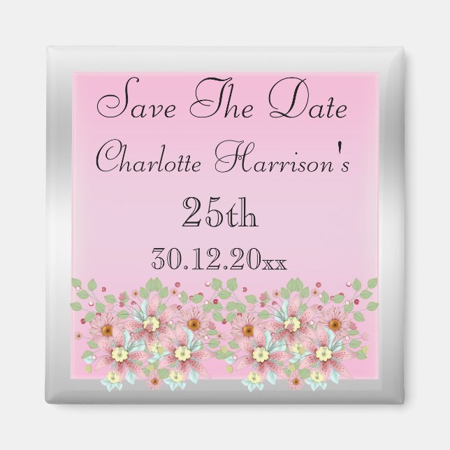 Rosa u. silbernes Save the Date mit Blumen25. Magnet (Vorne)
