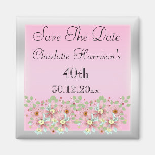 Rosa u. silbernes Save the Date mit Blumen40. Magnet