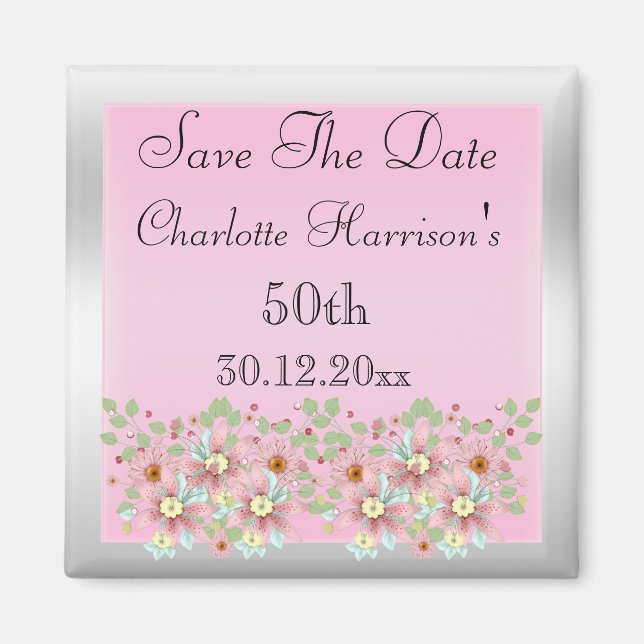Rosa u. silbernes Save the Date mit Blumen50. Magnet (Vorne)