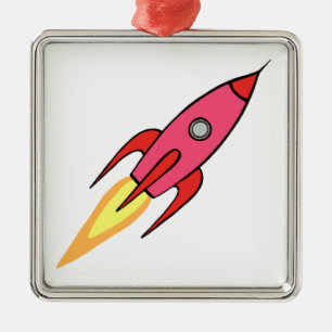 Rosa-u. weißerniedlicher Retro Rocketship Silbernes Ornament