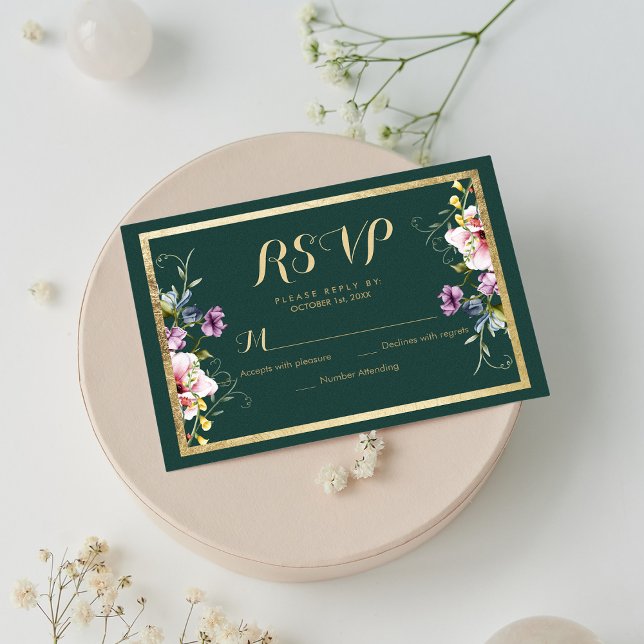 Rosa UAWG, Rosa, Rosa, Waldgrün RSVP Karte (Elegant forest green gold pink floral RSVP)