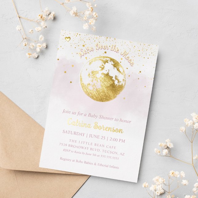 Rosa über dem Mond Gold Celestial Girl Babydusche Folieneinladung (Pink and Gold Foil Over the Moon Baby Shower Invitation)