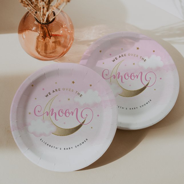 Rosa über den Tellern des Mondpapiers Pappteller (Pink Over the Moon Baby Shower Paper Plates
#OverTheMoon)