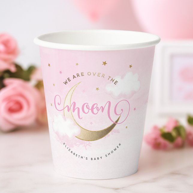 Rosa über die Mondpapierklappen Pappbecher (Pink Over the Moon Baby Shower Paper Cups
#OverTheMoon)