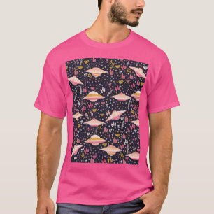 Rosa Ufo-Muster mit Sternen und Kristallen T-Shirt