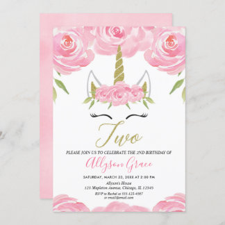 Rosa und 2. Geburtstagsmädchen des GoldEinhorns Einladung