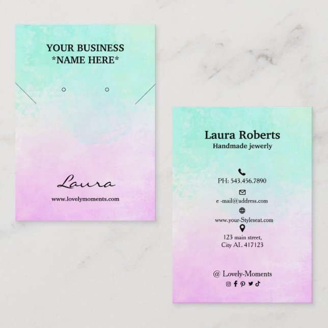 Rosa und Aqua-blaue Aquarellfarben-Ohrring Visitenkarte (Vorne/Hinten)