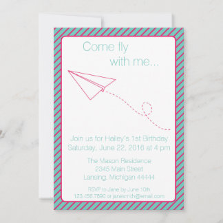 Rosa und Aqua Papier Flugzeug Geburtstag Einladung