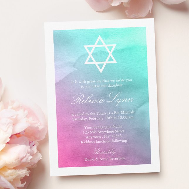 Rosa und Aqua Wasserfarbene Bat Mitzvah Einladunge Einladung (Von Creator hochgeladen)