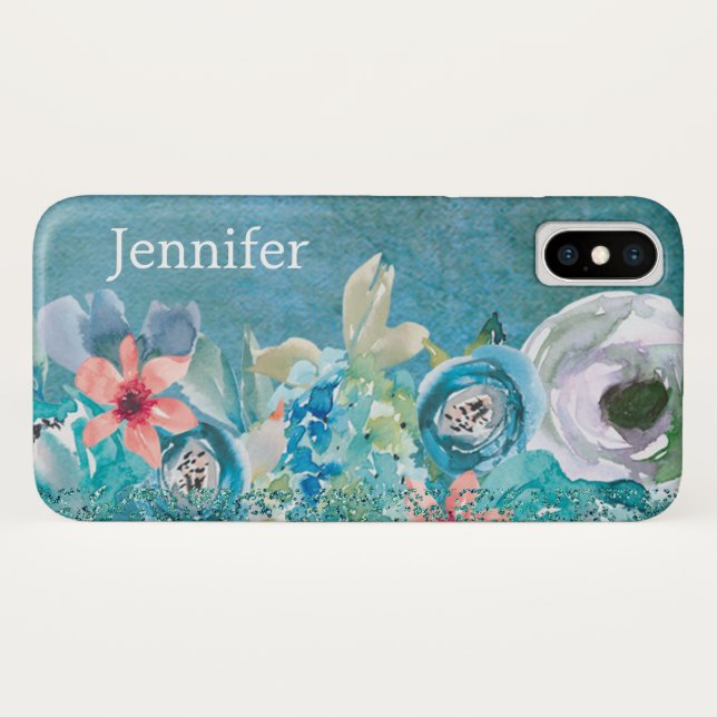 Rosa und aquamarine Aquarellblumen personalisiert Case-Mate iPhone Hülle (Rückseite (Horizontal))