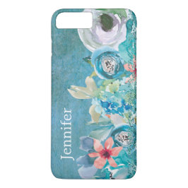 Rosa und aquamarine Aquarellblumen personalisiert Case-Mate iPhone Hülle