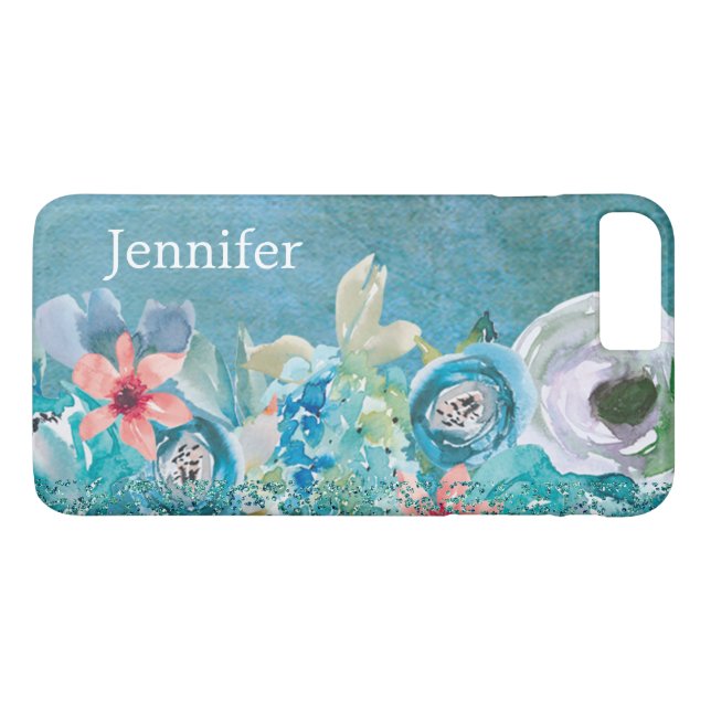 Rosa und aquamarine Aquarellblumen personalisiert Case-Mate iPhone Hülle (Rückseite (Horizontal))