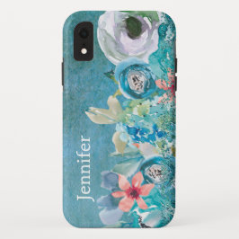 Rosa und aquamarine Aquarellblumen personalisiert Case-Mate iPhone Hülle