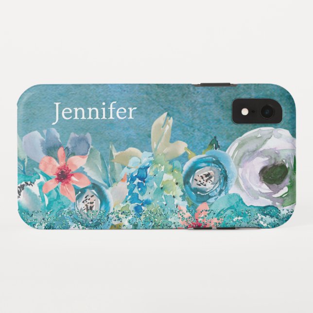 Rosa und aquamarine Aquarellblumen personalisiert Case-Mate iPhone Hülle (Rückseite (Horizontal))