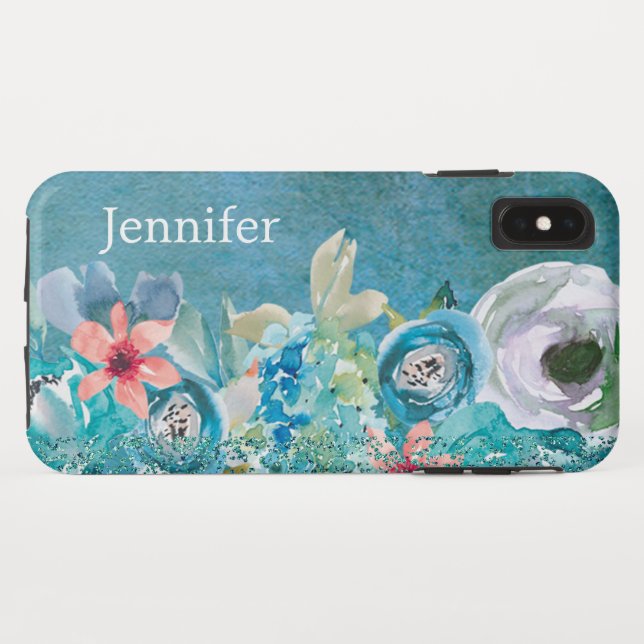 Rosa und aquamarine Aquarellblumen personalisiert Case-Mate iPhone Hülle (Rückseite (Horizontal))
