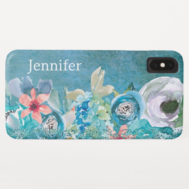 Rosa und aquamarine Aquarellblumen personalisiert Case-Mate iPhone Hülle (Rückseite (Horizontal))