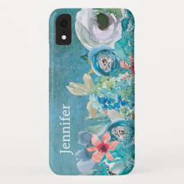 Rosa und aquamarine Aquarellblumen personalisiert Case-Mate iPhone Hülle