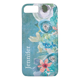 Rosa und aquamarine Aquarellblumen personalisiert Case-Mate iPhone Hülle