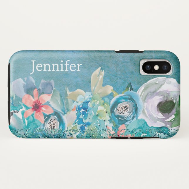 Rosa und aquamarine Aquarellblumen personalisiert Case-Mate iPhone Hülle (Rückseite (Horizontal))