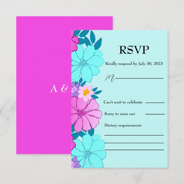 Rosa und Aquamarine Blumenhochzeit RSVP Karte (Vorne/Hinten)