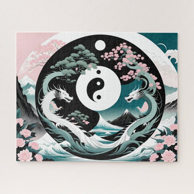 Rosa und Aquamarine Drachen Asiatische Landschaft  Puzzle (Horizontal)