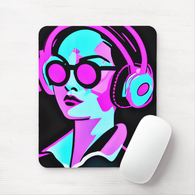 Rosa und Aquamarine psychedelische Lady in Kopfhör Mousepad (Mit Mouse)