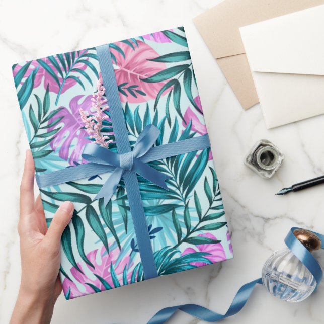 Rosa und Aquamarine tropische Palmen & Monstera Bl Geschenkpapier (Schenken)