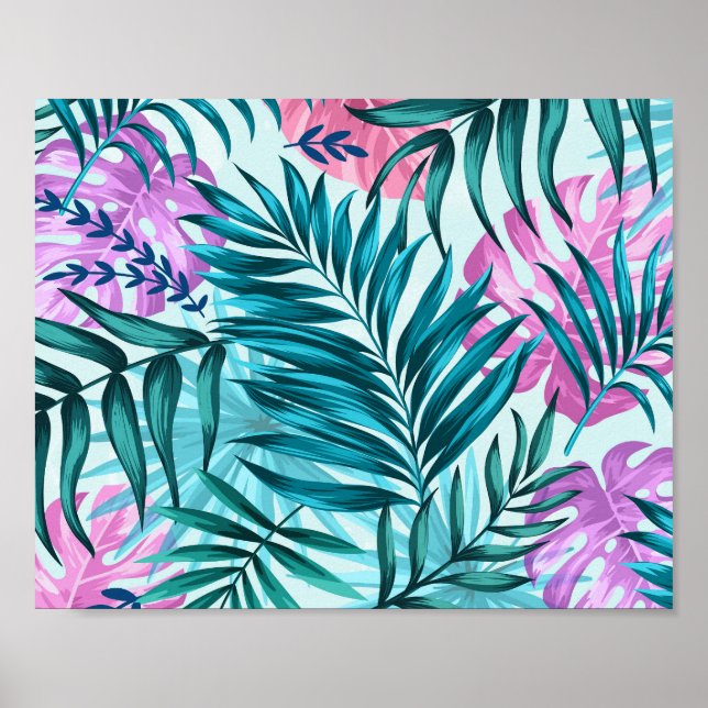 Rosa und Aquamarine tropische Palmen & Monstera Bl Poster (Vorne)