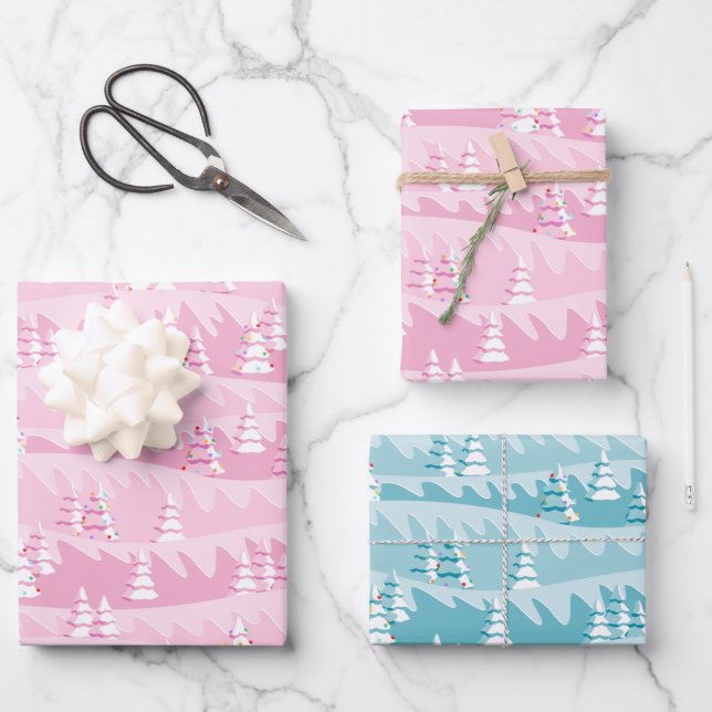 Rosa und Aquamarine Weihnachtsbäume Geschenkpapier Set (Vorderseite)