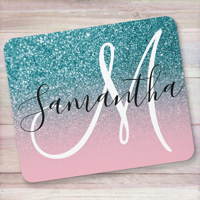 Rosa und Aquamariner Glitzer Ombre Monogram Mousepad (Von Creator hochgeladen)