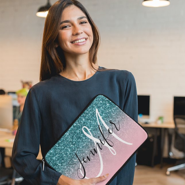 Rosa und Aquamariner Ombre Glitzer Mit Monogramm Laptopschutzhülle (You can change the font style, size and placement of the name and monogram.)