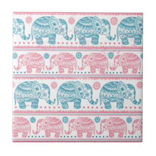 Rosa und aquamarines ethnisches Elefant-Muster Fliese