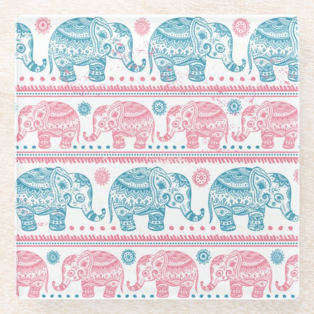 Rosa und aquamarines ethnisches Elefant-Muster Glasuntersetzer (Vorderseite)
