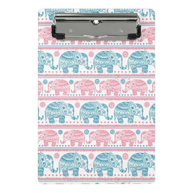 Rosa und aquamarines ethnisches Elefant-Muster Mini Klemmbrett (Vorderseite)