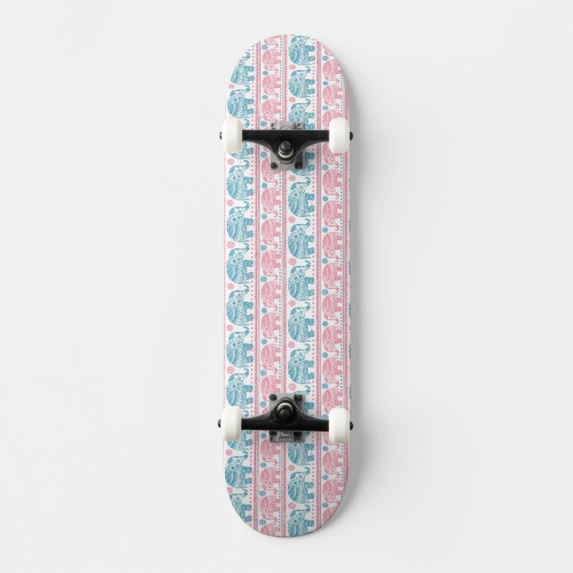 Rosa und aquamarines ethnisches Elefant-Muster Skateboard (Vorderseite)