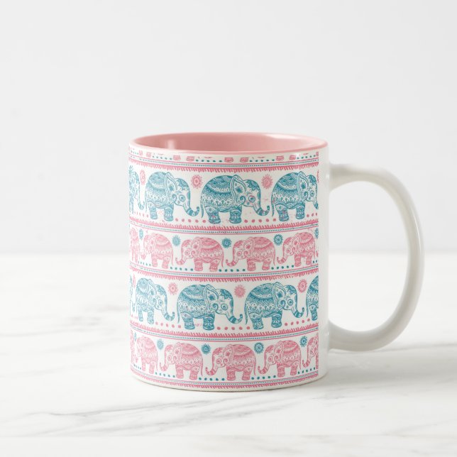 Rosa und aquamarines ethnisches Elefant-Muster Zweifarbige Tasse (Rechts)