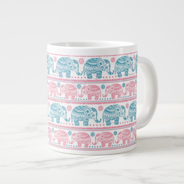rosa und Aquamarines ethnisches Elefantenmuster Jumbo-Tasse (Vorderseite Rechts)